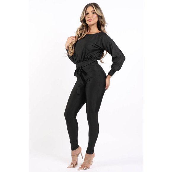 Women's Off Shoulder Shiny Yoga Jumpsuit Tie Waist Comfy Cute Black Burgundy - Picture 4 of 9